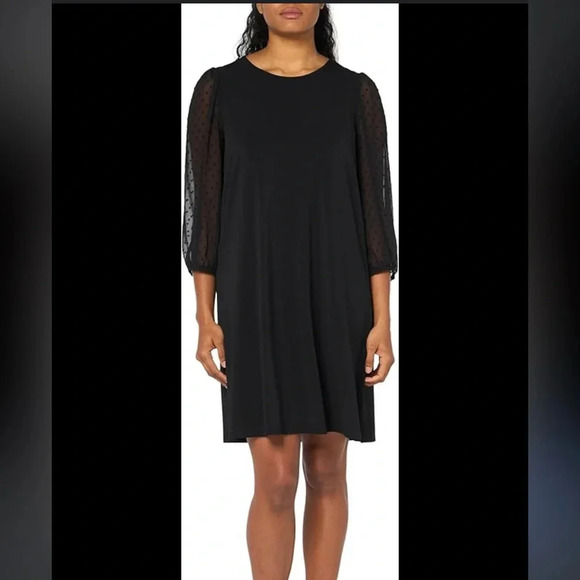 NWT Adrianna Papell Women's Crew Neck Clip Dot‎ 3/4 Sleeve Black Dress LARGE - Picture 1 of 8